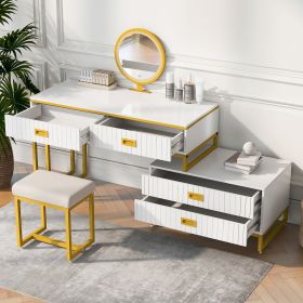 GO Modern Style Vanity Table With Movable Side Cabinet And 4-Drawers, Large Size Dressing Table With Mirror and 3-colors LED Light