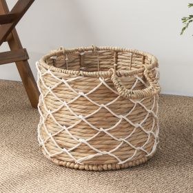 Hubertus Round Water Hyacinth Woven Basket with Handles - 18" x 18" x 15" - Natural Brown - For Clothes, Towels, Canvas