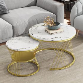 [VIDEO provided] ON-TREND Φ27.5'' & Φ17.7'' Nesting Coffee Table with Marble Grain Table Top, Golden Iron Frame Round Coffee Table, Set of 2