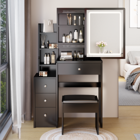 Small Space Left Bedside Cabinet Vanity Table + Cushioned Stool, Extra Large Touch Control Sliding LED Mirror, Tri-color Switching