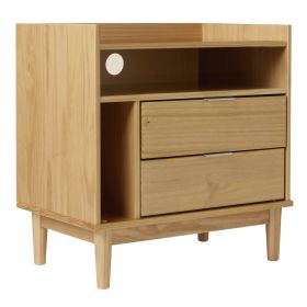 Mid-Century Modern Solid Wood 2-Drawer Gallery Nightstand – Natural Pine