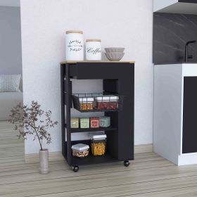 Blosson Kitchen Cart, One Drawer, Two Open Shelves, Four Casters -Black / Light Oak