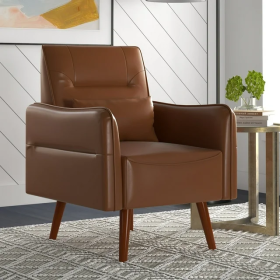 Accent Chair Modern PU Leather, Cozy Reading Armchair, Wood Legs-Wood Grain, for Adult (Color: as Pic)