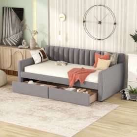 Twin Size Upholstered daybed with Drawers, Wood Slat Support, (Color: Gray)