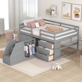 Full Size Functional Loft Bed with Cabinets and Drawers;  Hanging Clothes at the back of the Staircase (Color: Gray)