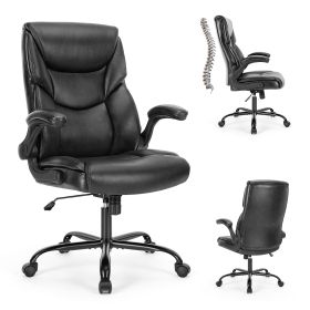 Sweetcrispy Executive Office PU Leather Desk Chair High Back Flip-Up Armrest Adjustable Ergonomic Home Office Chair (Color: as Pic)